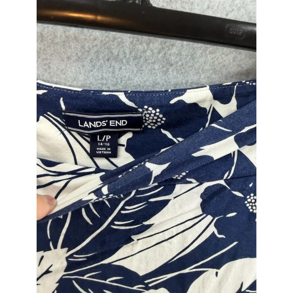 Lands' End Women's L Petite 14-16 Navy White Floral A-Line Skirt 3414